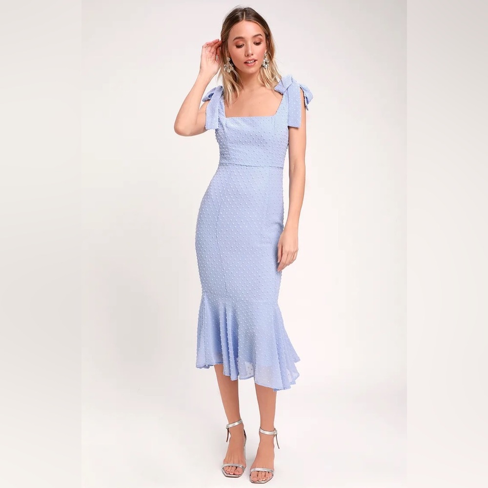 NWT Bimini Periwinkle Blue Swiss Dot Tie-Strap Midi Dress